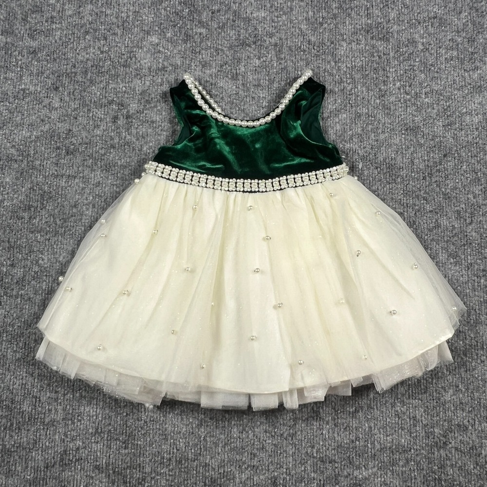 Couture Princess Ball Gown Dress Girls 12M Green Velvet Tulle Pearl Rhinestone